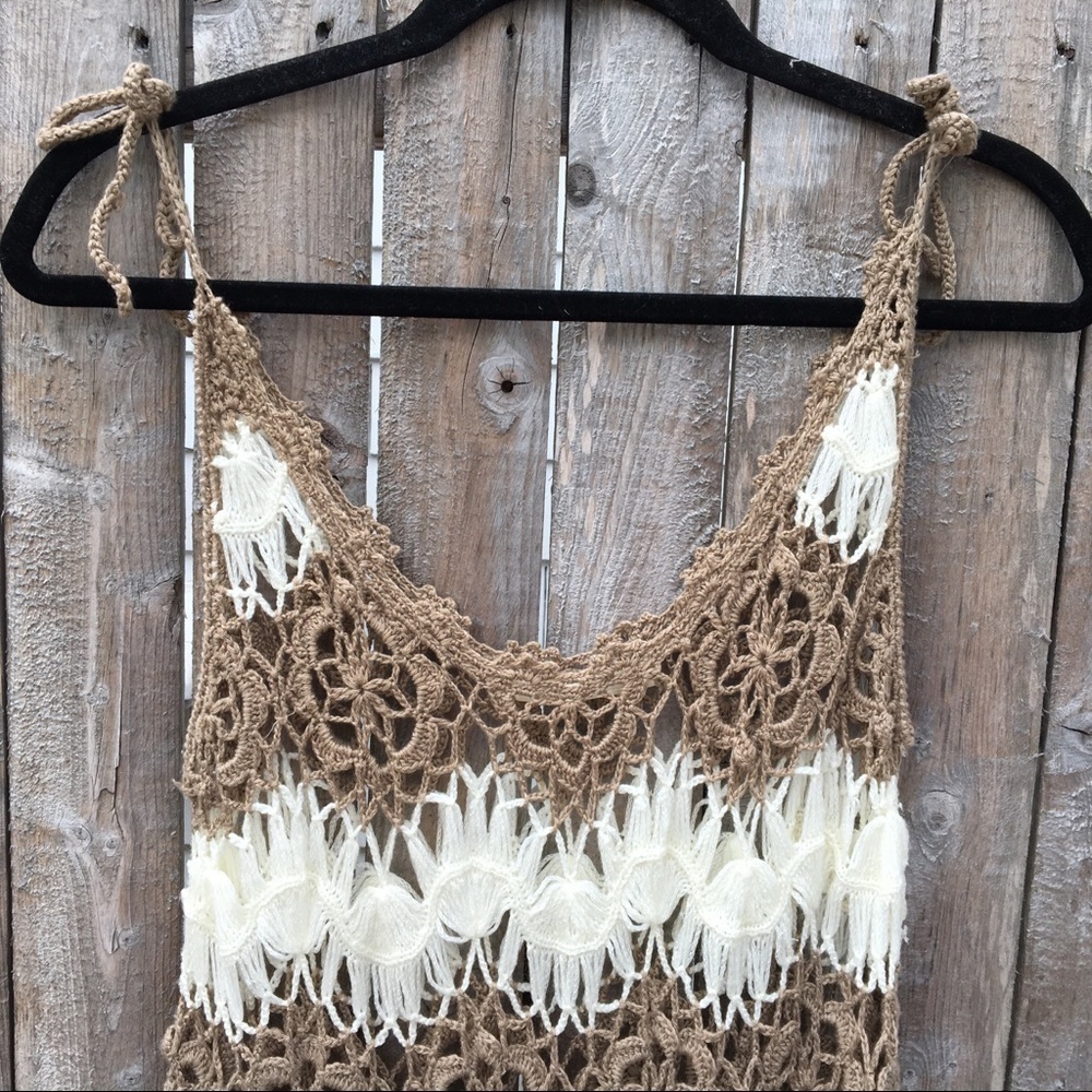 Hazel Anthro Tan And White Crocheted Tank Top Sz S - Picture 4 of 9